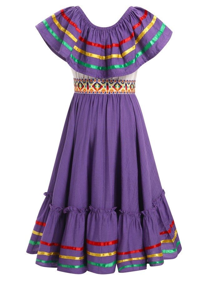 ODIZLI Mexican Dress for Girls Traditional Cinco de Mayo Fiesta Dresses for Toddler Girl Off-Shoulder Sleeveless Kids Vestidos Tipicos Mexicanos Flamenco Dress Ruffle Drape A Line Dress Purple 9-10 Years - Image 3